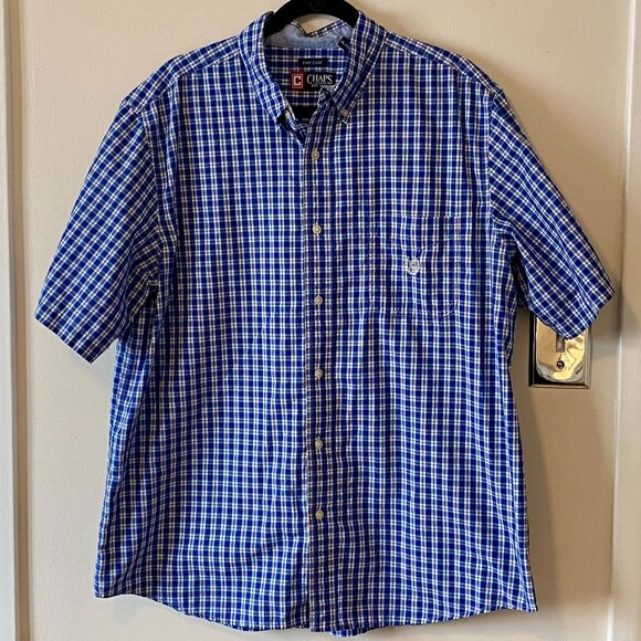 Chaps Men's XL Easy Care Short Sleeve Button down Shirt Blue White Plaid Cotton - Picture 1 of 7